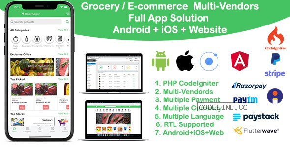 grocery / delivery services / ecommerce multi vendors(Android + iOS + Website) ionic 5 / CodeIgniter v7.0