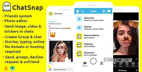 ChatSnap v1.0 – Snapchat clone social network friend group chat photo editor + android studio + firebase