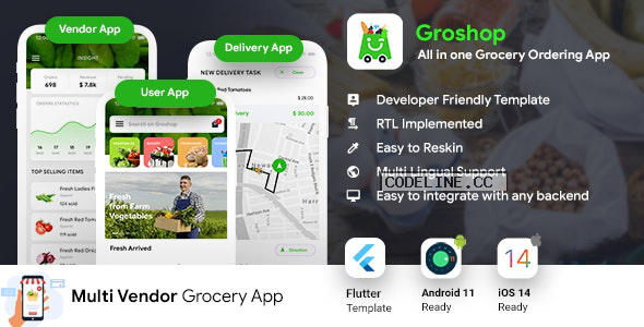 GroShop v1.0.0 – Grocery Flutter App Template | 3 Apps | User App + Seller App + Delivery App