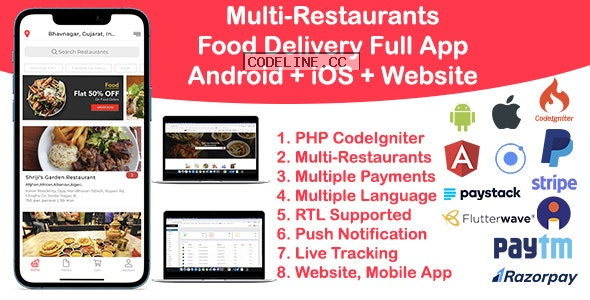 Food Delivery Multi Restaurant Ionic 5 + CodeIgniter (Android + iOS + Website + Admin) v2.0