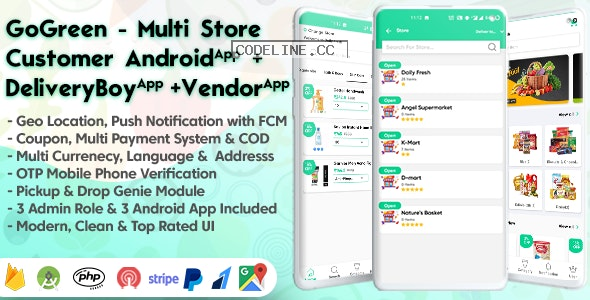 GoGreen v1.9 – Food, Grocery, Pharmacy Multi Store(Vendor) Android App with Interactive Admin Panel